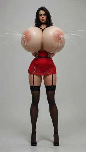 (celia femdom from milfy city:1.5), 19 years old dominant woman, femdom and angry, angry face, (gigantic round breasts:1.6), (angry femdom face:1.3), naked, (small waist:1.8), (((red vivid lipstick))), eyeglasses, extremely small waist, thick hips, extremely wide hips, extremely beautiful, slut, bimbo lips, huge deep cleavage, lingerie, blue eyes, (((she has a whip on hand:1.4))), (she has a huge shiny pincer on her hand:1.5), ((((long long black hair in tail)))), bdsm slut, perfect round ass, bubble butt, wide stand, (teacher:1.8), (((huge bdsm choker on neck))), slutty face, open neckline, she has long long legs, she has excessive long legs, nipples marked on the blouse, ((((full portrait)))), she is a devil, she is evil, black stockings, short dress, non-transparent, daring sexy lingerie, ((((lactating:1.7)))), harness, garter, straps, written the word "obey" everywhere, cupless, bra, bmbplora, large, breasts, boobs, huge, tits, <lora:Harness_Straps_sdxl:.5>, <lora:bimboxl_02:.5>, <lora:bombshell_v2:.5>, <lora:style_lora_realis:2>, <lora:MJ52:2>