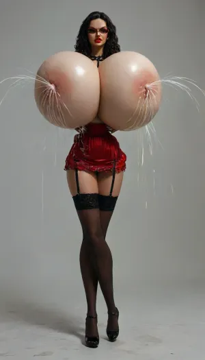 (celia femdom from milfy city:1.5), 19 years old dominant woman, femdom and angry, angry face, (gigantic round breasts:1.6), (angry femdom face:1.3), naked, (small waist:1.8), (((red vivid lipstick))), eyeglasses, extremely small waist, thick hips, extremely wide hips, extremely beautiful, slut, bimbo lips, huge deep cleavage, lingerie, blue eyes, (((she has a whip on hand:1.4))), (she has a huge shiny pincer on her hand:1.5), ((((long long black hair in tail)))), bdsm slut, perfect round ass, bubble butt, wide stand, (teacher:1.8), (((huge bdsm choker on neck))), slutty face, open neckline, she has long long legs, she has excessive long legs, nipples marked on the blouse, ((((full portrait)))), she is a devil, she is evil, black stockings, short dress, non-transparent, daring sexy lingerie, ((((lactating:1.7)))), harness, garter, straps, written the word "obey" everywhere, cupless, bra, bmbplora, large, breasts, boobs, huge, tits, <lora:Harness_Straps_sdxl:.5>, <lora:bimboxl_02:.5>, <lora:bombshell_v2:.5>, <lora:style_lora_realis:2>, <lora:MJ52:2>