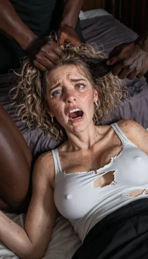 Long angle shot, interracial force fuck of scared white mom, Drunk middle age average mom lost and confused, light brown hair color, messy disheveled hair style, ((cute visible freckles everywhere)), intoxicated and disoriented, clothes torn and ripped, scared, ((captive on bed in dark hotel room at night), forced, (held down, pinned down by black men, immobilized), (brutally forced), (intoxicated milf used violently by black cocks), 2 african men with massive black cocks violating frightened white mom, gasping, confused expression, grope, hair pull, choke, fondling, molested, screaming, crying, mouth closed, threesome, biting lip, exhausted, realistic cum, runny cum, surrounded by men, stretch, marks, agony, anguish, anxiety, depression, despair, grief, pain, sadness, stress, suffering)