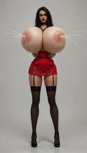 (celia femdom from milfy city:1.5), 19 years old dominant woman, femdom and angry, angry face, (gigantic round breasts:1.6), (angry femdom face:1.3), naked, (small waist:1.8), (((red vivid lipstick))), eyeglasses, extremely small waist, thick hips, extremely wide hips, extremely beautiful, slut, bimbo lips, huge deep cleavage, lingerie, blue eyes, (((she has a whip on hand:1.4))), (she has a huge shiny pincer on her hand:1.5), ((((long long black hair in tail)))), bdsm slut, perfect round ass, bubble butt, wide stand, (teacher:1.8), (((huge bdsm choker on neck))), slutty face, open neckline, she has long long legs, she has excessive long legs, nipples marked on the blouse, ((((full portrait)))), she is a devil, she is evil, black stockings, short dress, non-transparent, daring sexy lingerie, ((((lactating:1.7)))), harness, garter, straps, written the word "obey" everywhere, cupless, bra, bmbplora, large, breasts, boobs, huge, tits, <lora:Harness_Straps_sdxl:.5>, <lora:bimboxl_02:.5>, <lora:bombshell_v2:.5>, <lora:style_lora_realis:2>, <lora:MJ52:2>