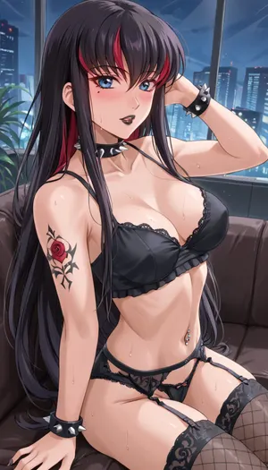 18 y/o beauty, code geass, cc from code geass, tattoos, very long hair, dark black hair with red highlights, she wears black lace lingerie, garter belt, fishnet stockings, huge blue eyes, horny gaze, bottom up pose, sweat, spiked choker, spiked bracelets, glamorous goth makeup, black lipstick, beautiful fingers, blush, thighhighs, in full-lenght, medium breasts, pierced nipples, side view, small tight ass, dynamic angle, (wide_hips), navel piercing, solo_focus, (sensual, seductive, teeth), ((parted lips, pouts)), nightfall, lips, in strip club on sofa, night, 4k, best quallity, <lora:outline_xl_kohaku_delta_spv5x:1.3>, <lora:NEOTOKIOXL_0.2_RC:.7>, <lora:Ppolar-P3v1-NbVp10:.7>, <lora:one breast out XL:2>, <lora:cartoon_stickers_xl_v1:.5>