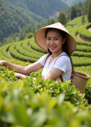 Photorealism, realism, {Vietnamese woman farmer, wearing a conical hat, picking tea leaves, reaching for tea bushes on terraced plantations on a mountainside, with a basket hanging behind her back, looking at the viewer}, realism, high detail, natural lighting.