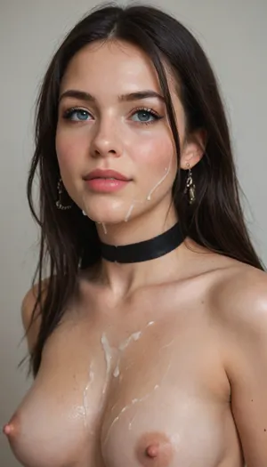 Woman, 35 years old, pale white skin, black choker, long black hair, medium-sized natural breasts, extreme close-up of a bukkake, view from top and from the side, happy expression, ejaculations, facial portrait of her with her face covered in semen, with minimalist natural makeup, lots of thick and liquid semen on her face, semen on her eyelashes, semen on her eyelids, semen on the skin of her cheeks, face wet with semen, semen on her lips, semen in her hair, semen dripping, excess semen between her breasts, perfect nipples. No drawings or animations, ultra-realistic image. more cum, more semen, perfect tits, cumshot on face