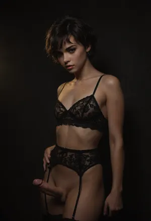 Beautiful FEMBOY Slut, standing with one hand on a hip, (medium penis:1.3), (Penis erect:1.5), short boyish hair with long bangs but otherwise very short pixie cut hair, Sheer top, Flat chested, Stockings, Garter belt, no bra or panties. Scene, romantic bedroom in a BnB, night, dark scene, dark background, bright flash and second fill flash, focused, flash, photo, <lora:sdxl_darkflash_v6-000060:1.3>, <lora:dark:.3>