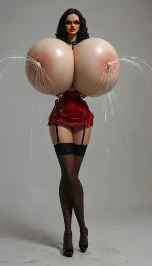 (celia femdom from milfy city:1.5), 19 years old dominant woman, femdom and angry, angry face, (gigantic round breasts:1.6), (angry femdom face:1.3), naked, (small waist:1.8), (((red vivid lipstick))), eyeglasses, extremely small waist, thick hips, extremely wide hips, extremely beautiful, slut, bimbo lips, huge deep cleavage, lingerie, blue eyes, (((she has a whip on hand:1.4))), (she has a huge shiny pincer on her hand:1.5), ((((long long black hair in tail)))), bdsm slut, perfect round ass, bubble butt, wide stand, (teacher:1.8), (((huge bdsm choker on neck))), slutty face, open neckline, she has long long legs, she has excessive long legs, nipples marked on the blouse, ((((full portrait)))), she is a devil, she is evil, black stockings, short dress, non-transparent, daring sexy lingerie, ((((lactating:1.7)))), harness, garter, straps, written the word "obey" everywhere, cupless, bra, bmbplora, large, breasts, boobs, huge, tits, <lora:Harness_Straps_sdxl:.5>, <lora:bimboxl_02:.5>, <lora:bombshell_v2:.5>, <lora:style_lora_realis:2>, <lora:MJ52:2>