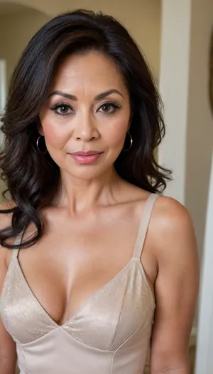 Thigh up photo of sexy cute beautiful petite 65 year old Filipina woman, slutty cougar type, ((oval face)), ((full cheeks)), (narrow Asian eyes), big broad mouth, short, 5 foot 2 inches, smoldering expression, ((raised eyebrows)), (high arch eyebrows), (((cateye makeup))), ((long wavy black hair)), Brown eyes, soft features, round jawline, flat nose, wrinkles on face, age appropriate face and body, big fake tits, (((mature))), (((very petite body))), slight curves, (((aged body))), she is standing in the entryway of a contemporary bi designer home, ((wearing a sexy date night outfit)), slutty, cleavage, realistic, 4k, high detail