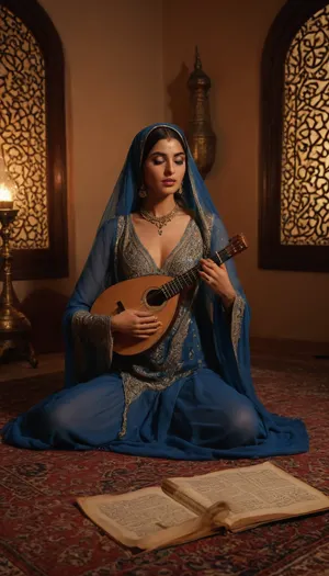 Scheherazade sensual princess from tales from the Arabian Nights, (showing nipples), (playing oud arabica instrument), showing pussyy, face veil, 25 year old, undressing blue gown made of transparent veils, henna tattoo, serenity expression, she is in Baghdad, in Harem in an Arab palace, reading a parchment with arabic calligraphy, on Persian carpets and surrounded by cushions, (moonlight through oriental window, nightly, stars, flying carpet), great serenity, warm light, realistic photography, golden oil lamp, candles, arabian nights ambiance, arabic, calligraphy, dark, skin, <lora:arab_architecture_by_styx:1.5>, <lora:arabic_calligraphy:1.5>, <lora:Darker_skin_SDXL:.8>, <lora:Omani_male:.8>