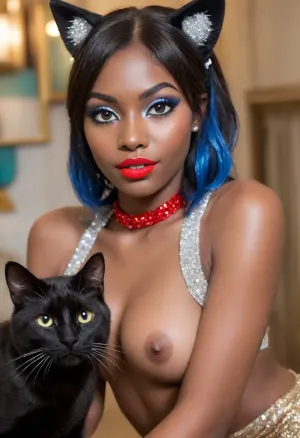 (clear image), photorealistic, high res, (black skin:1.5), full body in frame, perfect illumination, (manicure, long red nails), (extremely detailed, ultra realistic), best quality, focus on arms legs face, ultra-detailed, finely detail, (((massive HHH cup Breasts))), super shiny tits, erect nipples, long nipples, large areolas, long hair, perfect ass, shapely legs, long legs, legs are oiled, ass is oiled, boobs are oiled, belly is oiled, face is oiled, The girl has big plump lips on her face that shine and reflect the light, ((makeup:1.5), long blue eyelashes, olive eye shadow with sequins), (young:1.7), (high-quality facial treatment:1.3), large plump lips bimbo in red lipstick with a glossy wide pink outline and a slightly open mouth, (hairstyle with five pigtails straight bangs of blue with sequins:1.2), pupil eyes like a snake, (anthro cat girl:2), (milky mucus is flowing from the pussy:1.2)