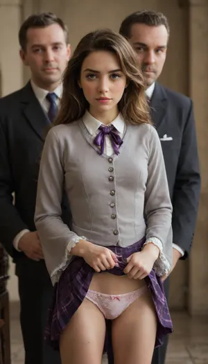 Two people. 1 girl, 2 men

incredibly beautiful seductive rapunzel, purple ribbons, most, beautiful, and, attractive, sexy, body, best quality.. in her Hogwarts bedroom. She is angry and embarrassed. She has perfect teeth, blushing, slender figure. Unhappy expression, Hogwarts uniform, ((lifted skirts)), . Her, (((panties))), is the center of the image, and she is facing forward. eyes, skirt, tug, wind, lift, LIFT, UP, SKIRT, CURTSEY, . Break., ((Stern serious male teachers in suits at her sides.)), standing very close to her., ((he is looking at her vagina)), grabbing her arms. gryffindor, uniform, emblem, black, robe, slytherin, hufflepuff, ravenclaw, quidditch, elbow, protections, armor, trausers, red, light, dark, yellow, <lora:PerfectEyesXL:.8>, <lora:skirt tug_XL_V1.0:.8>, <lora:Lift Up Skirt:.8>, <lora:harry_potter_v1:1.8>