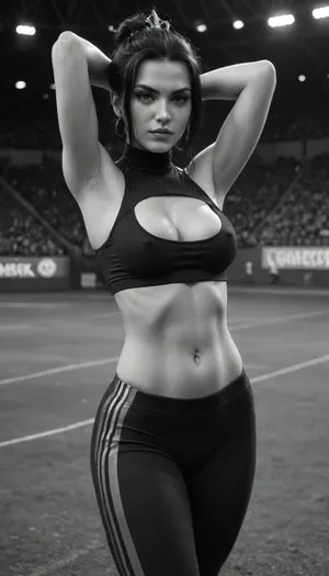 Azula from avatar, leggings, turtleneck, lined sketch, dieselpunk, medium breasts, covered nipples, cleavage, armpit, titcup, football stadium