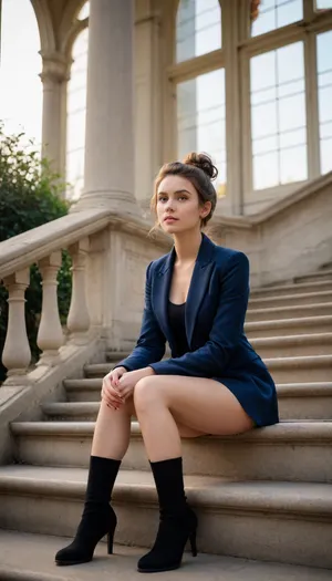 young brunette music student, slender build, in a simple short black knit dress and an oversized navy blazer, sitting on the grand marble staircase of a conservatory at golden hour. Tired but inspired face, deep blue eyes glistening with emotion, violin chin mark on neck, messy elegant bun with escaping curls. Holding a violin case and a to-go coffee cup, wearing combat boots. Leaning back on the steps with eyes closed, basking in the light. Atmosphere of artistic exhaustion and beauty. Full body shot, dramatic chiaroscuro lighting, highly detailed, cinematic.