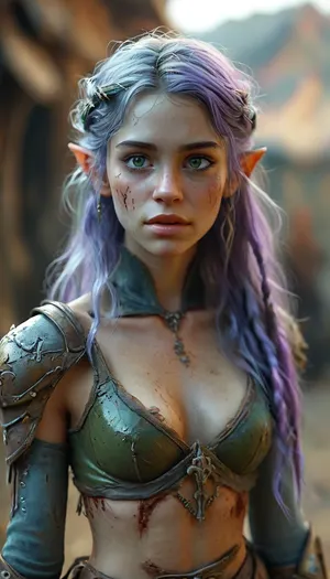 a green and gray mutant in medieval rags and an elven amazon 21 years old \ \ collided in battle \ \ mutant growls \ \ the girl is very confident approaching \ the girl's figure is narrow shoulders wide hips thin waist her skin is blue her hair is very long purple complex hairstyle she is dressed in desert light armor \ \ the girl uses magic against the mutant \ the mutant's skin is gray and salty and he has zombie teeth, <lora:MJ52:.8>, <lora:add-detail-xl:.8>, <lora:CuteLora:1.6>, <lora:Midjourney Image Enhancer XL v1:.8>