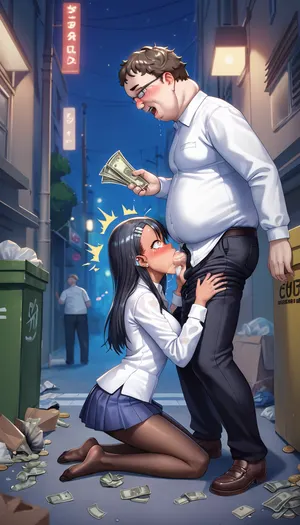 Kneeling, hayase nagatoro, blowjob, deepthroat, fat man, fully clothed, white collared shirt, pleated skirt, black pantyhose, tears, surprised expression, street, night, outdoor, lane, trash box, drop metalic coin, money, dollars