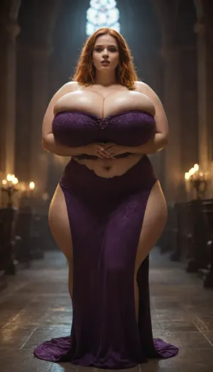 mature woman, beauty face, plump lips, orange braided hair, ginger hair, blue eyes, (gigantic natural hyper breasts:1.13), (gigantic cleavage:1.52), (gigantic colossal breasts:1.25), breasts larger than head, heavy breasts, veiny breasts, massive cleavage, (evil queen dark purple dress:1.25), looking at viewer, giant round ass, extremely gigantic colossal ass, birthing hips, thick hips, rounded hips, (bbw:1.3), in gothic cathedral with dim candlelight, standing, <lora:M05_Intensify:.6>