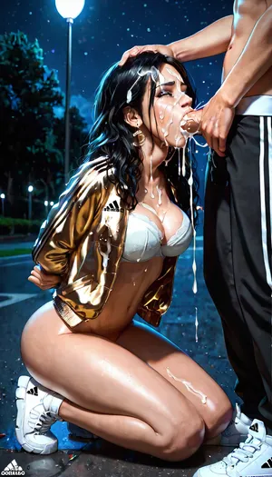 170 cm, arab, long black hair, gold adidas jacket, white Adidas sneakers, black eyes, no panties, big boobs, big ass, mosquee, night, cum on face, on knees, hands tied behind back, topless, closed eyes, white bra pulled down, forced deepthroat by men