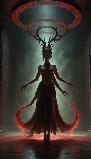 A dark, ancient ritual scene in a forbidden, otherworldly style inspired by Lovecraftian cosmic horror. A shamanic female dancer performs a twisted ceremonial dance inside a shadow-filled ritual space. Her flowing dark-red garments move unnaturally, as if guided by unseen forces. Her body posture is ecstatic and unsettling, eyes half-closed, expression trance-like.

Around her emerge ancient demonic entities — towering non-human silhouettes with elongated limbs, tentacle-like forms, horned shapes and countless glowing eyes, partially hidden in smoke and darkness. Their forms are incomprehensible, suggested rather than fully revealed. Strange runes and sigils glow faintly in the air, etched with alien geometry.

The environment feels primordial and forbidden, cracked stone floor, ritual markings, drifting ash, thick incense smoke. Dim, sickly green and crimson light leaks from below, as if the space itself is alive. Shadows move independently, bending reality.

Atmosphere, eldritch, ancient, forbidden knowledge, cosmic dread.
Style, dark cinematic realism, Necronomicon-inspired occult art, Lovecraftian horror, high-detail textures, deep shadows, unsettling symmetry, slow ritual motion, timeless and inhuman.