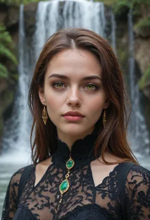 warlock woman, darkness-element primary and fire-element secondary, jet-black waist-length hair flowing like a waterfall, fair porcelain skin, sharply sculpted aristocratic face with high cheekbones, defined cheek hollows, a narrow elegant jawline, subtly pointed chin, straight refined nose bridge, pronounced cupid’s bow, slightly upturned corners of the lips forming a cold knowing smirk, heavy-lidded piercing eyes with a proud disdainful glare, razor-clean brow line and faintly arched eyebrows, almond-shaped predatory eyes with elongated outer corners, narrow irises like a serpent’s stare, dark smoky eyeliner and soft shadow emphasizing the depth of the sockets, faint glossy wetline catchlight, crisp reflective highlights in the pupils, a subtle ringed iris pattern like coiled scales, intense focused gaze as if judging and measuring prey, cold aristocratic contempt mixed with dangerous curiosity, slight squint that sharpens the look into an imperious glare, taut expression that reads imperious and unapproachable, saintly gentle face with soft features, voluptuous hourglass body, wild reckless gaze, gothic aristocratic sorceress attire with rich color accents, deep wine-burgundy velvet corset panels over black leather boning, midnight-blue satin inner bodice, emerald-green serpent-scale embroidery with antique-gold thread, smoky-purple sheer lace sleeves, obsidian-and-ruby cameo brooch, dark crimson gemstone choker with gold settings, iridescent oil-slick cape lining shifting teal-violet, charcoal skirt with plum undertones and a slit revealing patterned stockings in black-and-graphite with faint green runes, oxblood leather belt with brass alchemical vials, pointed boots in polished dark mahogany with gold buckles, subtle ember-orange glow in stitched sigils along hems, layered batwing capelet and cathedral train with scale-textured trim, ornate ear cuffs and thin rings, dark ambient lighting with warm ember highlights, cinematic dark fantasy portrait, ultra-detailed fabrics and stitching, sharp focus, high resolution, Rainbowiridal, Spiral, rainbowiridal, eyes, palette, Shiny..., Bright..., Intense, gaze, Fire, dragon, Amber, cat, Anthro..., woman, Genetically, modified..., <lora:Stunning_eyes_2:.8>