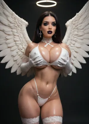 (On a radically black background), Experienced gothic bimbo porn star, (strokes her lower abdomen with her hands:1.3), wings like an angel, (halo above the head), (huge bimbo breast:1.39), huge erect nipples showing through clothes, (big silicone ass:1.2), (wide hips:1.2), curvy, perfect slender legs, naked belly, navel, (gothic makeup:1.5), (oiled:1.1), black hair, long straight hair, (cross earrings), (white latex lingerie:1.1), white fishnet stockings, white long latex gloves, <lora:add-detail-xl:.8>, <lora:ThePitXL:.8>