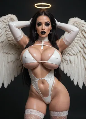 (On a radically black background), Experienced gothic bimbo porn star, (strokes her lower abdomen with her hands:1.3), wings like an angel, (halo above the head), (huge bimbo breast:1.39), huge erect nipples showing through clothes, (big silicone ass:1.2), (wide hips:1.2), curvy, perfect slender legs, naked belly, navel, (gothic makeup:1.5), (oiled:1.1), black hair, long straight hair, (cross earrings), (white latex lingerie:1.1), white fishnet stockings, white long latex gloves, <lora:add-detail-xl:.8>, <lora:ThePitXL:.8>