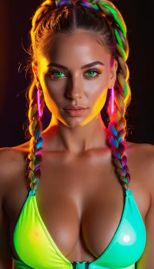 (Masterpiece), hyperrealistic render of a 25 years old woman, (sexy_raver:1.25), ((glowing fluorescent color pallet)), (front view, most of body in view), (looking at viewer), the most beautiful woman, perfect tanned_skin, multicolored hair with multicolored_streaks, long hair, beautiful model face, detailed realistic face, puffy lips, detailed eyes, medium perky natural breasts, ((focus on generating perfectly sculpted breasts)), firm tits, cleavage, perfect nipple placement, (nipple symmetry), semi_toned, slender, athletic_curvy, hourglass figure, highly detailed, intricate details, (best, quality), well-proportioned, intricate small partial_hair_braid, (amazing, curves), (photorealistic), natural, beauty, glowing, fluorescent, iridescent, fluxenh4nce, face_refiner, detailxl, <lora:FLUXEnh4nce:2>, <lora:HyperFlux-000001:2>