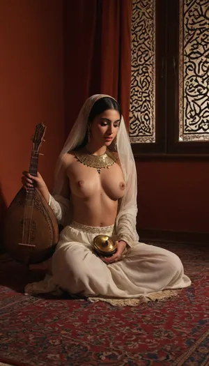 Scheherazade sensual princess, Arabian Nights, ((showing nipples)), ((playing oud arabica instrument)), showing pussyy, face veil, 25 year old, undressing skirt made of transparent veils, henna tattoo, serenity expression, she is in Baghdad, in Harem in an Arab palace, reading a parchment with arabic calligraphy, on Persian carpets and surrounded by cushions, (moonlight through oriental window, nightly, stars, flying carpet), great serenity, warm light, realistic photography, golden oil lamp, arabic, calligraphy, dark, skin, <lora:arab_architecture_by_styx:1.5>, <lora:arabic_calligraphy:1.5>, <lora:Darker_skin_SDXL:.8>, <lora:Omani_male:.8>