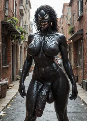 A futa symbiote like the comic book venom posing hungrily in an alleyway. Venom, futa, huge cock