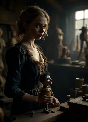 (sideview:1.6), (far from a long distance), (above), ((wide angle)), high quality textures, 8K masterpiece, uhd, hard shadows, uncensored, Dark background creating the impression of fog, a, (30-years-old:1.6), female restorer with long light-blonde hair, (freckled face), vampire, demon, evil, blue piercing eyes, little snub nose, no makeup, a Female restorer, restores an antique beautiful puppet, standing behind a workbench, In front of her, (stands an antique puppet on a workbench:1.6), she has restore Tools in her Hands, (full room View:1.6), staffed puppets, antique puppet, <lora:BUT_SDXL_SHS:.8>, <lora:MJ52:.8>, <lora:dark:.8>, 80sc1nemat1c5tyle, <lora:80s_Cinematic_Style:.8>