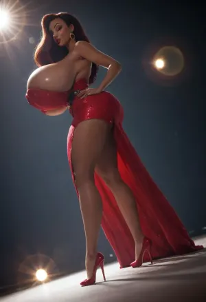 (((((wide-angle lens))))), (Full-length view:1.2), background in stage performance, (((side view))), ((hyper breasts:1.2)), (((((black african, darkskin, Jessica Rabbit)))), ((belt)), ((long red dress)), ((darkskin)), (hips, large, ass), a, cartoon, character, with, dark, skin, <lora:Samaritan 3d Cartoon SDXL:.1>, <lora:Rodger1024:.8>)