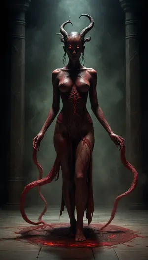A dark, ancient ritual scene in a forbidden, otherworldly style inspired by Lovecraftian cosmic horror. A shamanic female dancer performs a twisted ceremonial dance inside a shadow-filled ritual space. Her flowing dark-red garments move unnaturally, as if guided by unseen forces. Her body posture is ecstatic and unsettling, eyes half-closed, expression trance-like.

Around her emerge ancient demonic entities — towering non-human silhouettes with elongated limbs, tentacle-like forms, horned shapes and countless glowing eyes, partially hidden in smoke and darkness. Their forms are incomprehensible, suggested rather than fully revealed. Strange runes and sigils glow faintly in the air, etched with alien geometry.

The environment feels primordial and forbidden, cracked stone floor, ritual markings, drifting ash, thick incense smoke. Dim, sickly green and crimson light leaks from below, as if the space itself is alive. Shadows move independently, bending reality.

Atmosphere, eldritch, ancient, forbidden knowledge, cosmic dread.
Style, dark cinematic realism, Necronomicon-inspired occult art, Lovecraftian horror, high-detail textures, deep shadows, unsettling symmetry, slow ritual motion, timeless and inhuman.