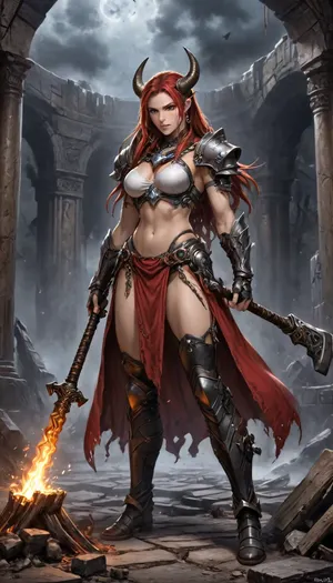 charactor card for TTRPG Guilded frame, Marvel comic Style Cover Art Concept, (world of warcraft art), tall female viking Blacksmith, wearing a brown leather apron bikini, wearing thigh hight brown leather books, wearing brown leather cuffs, wearing in her long red hair in a high french braid, holding a large hammer, in a medieval forge, full body framing, black and white line drawing, (comic book style), (comic book style), standing on a pile of bones and rubble, apocalyptic background, standing at edge of colossal underground abyss, glowing Hash-Nass hive below shaped like a malignant star, scale emphasizing inevitability and threat STYLE LOCK, (Epic dark fantasy illustration, mythic science-fantasy tone, painterly realism, Luis Royo inspired, dramatic lighting, high contrast, rich textures, flowing fabrics, ancient technology disguised as divine artifacts, cinematic composition, ultra-detailed, sharp focus, no modern elements, no text, no watermark), high contrast black and white, only one character, no horns, braided, Art, by, Boris, Vallejo, <lora:Mecha_Ggorgeous_Armor-000011:2>, <lora:Braided_Sides_V1:1.8>, <lora:Fantasy_art_XL_V1:1.4>, <lora:Granblue_Collection_XL_-_Heroes:2>