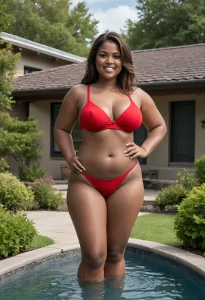 1girl, (dark_skin:1.5), (chubby:1.4), house, garden, thick_thighs, huge_breasts, thighs, navel, red_bikini, brown_hair, sandals, long_hairr, curvy, water, lips, smile, outdoors, sky, cleavage, mature_female, full_body, thick_lips, cover, perfect face, sweet face, perfect photo, high quality, highres.