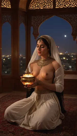 Scheherazade sensual princess, Arabian Nights, ((showing nipples)), ((playing oud arabica instrument)), face veil, 20 year old, undressing skirt made of transparent veils, henna tattoo, serenity expression, she is in Baghdad, in Harem in an Arab palace, reading a parchment with arabic calligraphy, on Persian carpets and cushions, (moonlight through oriental window, nightly, starry night), great serenity, warm light, realistic photography, golden oil lamp, arabic, calligraphy, dark, skin, <lora:arab_architecture_by_styx:1.5>, <lora:arabic_calligraphy:1.5>, <lora:Darker_skin_SDXL:.8>, <lora:Omani_male:.8>