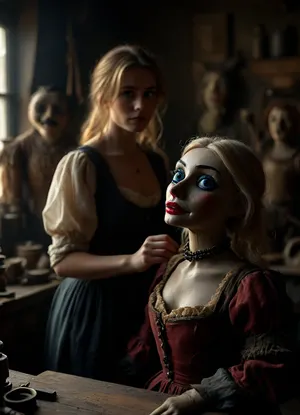 (sideview:1.6), (far from a long distance), (above), ((wide angle)), high quality textures, 8K masterpiece, uhd, hard shadows, uncensored, Dark background creating the impression of fog, a, (30-years-old:1.6), female restorer with long light-blonde hair, (freckled face), vampire, demon, evil, blue piercing eyes, little snub nose, no makeup, a Female restorer, restores an antique beautiful puppet, standing behind a workbench, In front of her, (stands an antique puppet on a workbench:1.6), she has restore Tools in her Hands, (full room View:1.6), staffed puppets, antique puppet, <lora:BUT_SDXL_SHS:.8>, <lora:MJ52:.8>, <lora:dark:.8>, 80sc1nemat1c5tyle, <lora:80s_Cinematic_Style:.8>