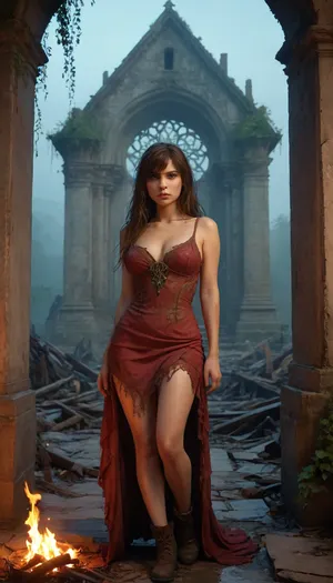 A predatory and sexy, dishevelled 25-year-old girl with long hair stands in a fireplace-lit clearing, her back to the viewer, her torn clothes merging with the decomposition around her. She wears a faded crimson tunic, her cleavage frayed and sliding off one shoulder, revealing sunken collarbones streaked with ash. A moth-eaten shawl clings to its frame, and mud-caked linen wraps cover its feet, with frayed leather boots abandoned nearby. Her hands, raw and smeared with soot, feed dry twigs to the crackling fire, its amber glow flickering across her gauntness and casting long shadows over the ruins. A rumpled copper pot, its surface oxidized to a turquoise patina, hangs above the flames, filled with muddy water from a corroded flask on her thigh. Behind it are dominated by jagged stone ruins, a collapsed cathedral wall smothered in ivy, its broken rose window gaping like a skeletal eye, and a rusty bell hanging from a crumbling tower. The skeletal remains of a forge and a collapsed well dot the field overgrown with wild grass and thorny vines. The far-flung cathedrals pierce the leaden sky, their spires covered in kudzu, while the thick fog blurs the line between the ground and the ashen horizon. A fiery light dances across the weathered stone, highlighting the woman's matted tendrils of ivy and open ribs under her tunic, her posture hunched but purposeful. The embers rise into the haze, mixing with ash particles and the faint glow of distant smoke. The scene is rendered in hyper-realistic 8K detail, cracked cobblestones, frayed fabric filaments, and the reflection of fire in a rainwater-filled pothole, all under cinematic HDR lighting that contrasts the warm flames with the cold gray-green decay. The fog, traced by the rays, scatters the ruins into abstraction, while the depth of field slightly blurs the woman, anchoring her as a small transient figure in a landscape reclaiming itself. The PNG retains without loss every texture, the sand on her skin, the rust on her knife sheath and the spectral glow of a disintegrating world., p1sceus, black, hair, bangs, lips, <lora:EnvyStarlightDream01-Vivid:1.4>, <lora:detailed_notrigger:.8>, <lora:Pisceus:2>