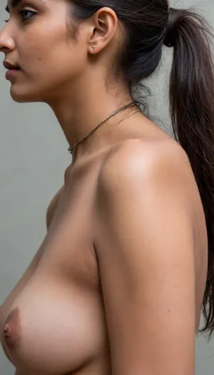 Extreme Close up of nape of her neck, from nose to waist are visible, young indian girl facing away her, 28 years old, dark indian skin, her hair is pigtail, hairy cheek, ((slightly curvy)), looking up, naked and very big saggy boobs are visible with big nipples, (delicate hair strands are visible along the nape of her neck:1.8), The lighting is soft and natural, enhancing the details of her skin and hair. The focus is on the intricate details of nape of her neck and hair, creating a highly realistic, shot from back, ((Ultimate realistic photo details)), (((dynamic sexy pose))), (((bright sunlight))), (((laser focused image))), ((small hair on skin detailed)), (natural breasts), (sightly zoomed 0.5), detailxl, <lora:WildcardX-XL-Detail-Enhancer:.8>