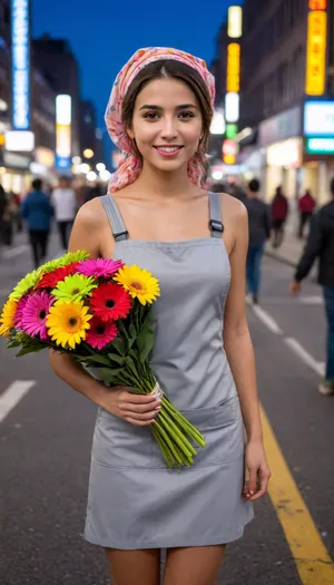 young brunette flower seller, slim build, in a simple short grey dress and a bright waterproof apron, standing at a crowded pedestrian crossing in a neon-lit Asian metropolis at night. Kind, hopeful face with dark attentive eyes, a direct and tired smile. Hair tucked under a colorful headscarf. Holding a large, beautiful bouquet of gerberas wrapped in cellophane, a cooler bag slung over her shoulder. Wearing practical sneakers. Leaning forward slightly, offering the flowers, motion blur of the city crowd behind her. Atmosphere of urban hustle, simple beauty, and fleeting connection. Full body shot, vibrant neon colors contrasting with her simple clothes, dynamic, highly detailed.