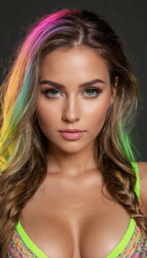 (Masterpiece), hyperrealistic render of a 25 years old woman, (sexy_raver:1.15), ((glowing fluorescent color pallet)), (full view, most of body in view), (looking at viewer), the most beautiful woman, perfect tanned_skin, multicolored hair with multicolored_streaks, long hair, beautiful model face, detailed realistic face, puffy lips, detailed eyes, large perky natural breasts, ((focus on generating perfectly sculpted breasts)), firm tits, cleavage, perfect nipple placement, (nipple symmetry), semi_toned, slender, athletic_curvy, hourglass figure, highly detailed, intricate details, (best, quality), well-proportioned, intricate small partial_hair_braid, (amazing, curves), (photorealistic), natural, beauty, glowing, fluorescent, iridescent, fluxenh4nce, face_refiner, detailxl, <lora:FLUXEnh4nce:2>, <lora:HyperFlux-000001:2>