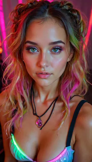 (Masterpiece), hyperrealistic render of a 25 years old woman, (sexy_edm_rave_maid:1.25), ((glowing fluorescent color pallet)), (full front view, most of body in view), (looking at viewer), the most beautiful woman, perfect tanned_skin, multicolored hair with multicolored_streaks, long hair, beautiful model face, detailed realistic face, puffy lips, detailed eyes, medium perky natural breasts, ((focus on generating perfectly sculpted breasts)), firm tits, cleavage, perfect nipple placement, (nipple symmetry), semi_toned, slender, athletic_curvy, hourglass figure, highly detailed, intricate details, (best, quality), well-proportioned, intricate small partial_hair_braid, (amazing, curves), (photorealistic), natural, beauty, glowing, fluorescent, iridescent, fluxenh4nce, face_refiner, flux-style, but, <lora:FLUXEnh4nce:2>, <lora:HyperFlux-000001:.8>, <lora:aidmaFluxStyleXL-v0.2:.8>, <lora:BUT_SDXL_SHS:1.5>