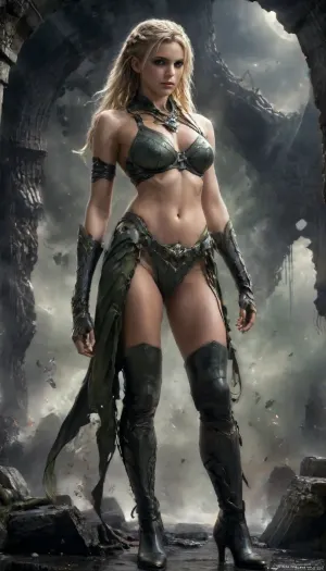 Marvel comic Style Neferthys, (full length body shot Create striking art featuring a fierce and confident Neferthys, warrior priestess. dynamic pose, sexy pose, She is depicted with long flowing blond hair with braided sides, clad in her iconic olive green leather lingerie bikini armor, and thigh high boots), apocalyptic background, standing at edge of colossal underground abyss, glowing Hash-Nass hive below shaped like a malignant star, scale emphasizing inevitability and threat STYLE LOCK, (Epic dark fantasy illustration, mythic science-fantasy tone, painterly realism, Luis Royo inspired, dramatic lighting, high contrast, rich textures, flowing fabrics, ancient technology disguised as divine artifacts, cinematic composition, ultra-detailed, sharp focus, no modern elements, no text, no watermark), high contrast black and white, a, movie, frame, of, in, the, style, sin-city, only one character, braided, side, <lora:sin-city-sdxl-v1-000050:2>, <lora:xl_more_art-full_v1:.8>, <lora:Mecha_Ggorgeous_Armor-000011:1.8>, <lora:Braided_Sides_V1:1.8>, <lora:aesthetic_anime_v1s:.8>