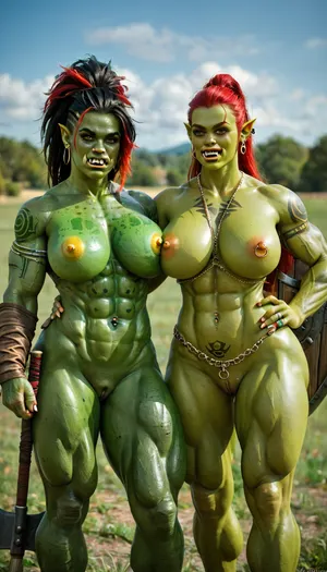 2 female warrior orcs, lesbians naked, looking to viewer, ((((very green skin))), very muscular, huge natural breasts, very long red hairs, in a battle field, huge axe in her hand, pierced nipples, fangs out, orc fangs, sexy orc face, bigs golden nipples rings, a lot of piercings, pierced clitoris, a lot of orcish tattoos, naked, oily skin, big pussy, piercing, waist chain, ring, Orc, Shaman, (Orc girl:1.3), (orc face:1.3), (green skin:1.6), shield at one arm, uberfit, muscular, athletic)