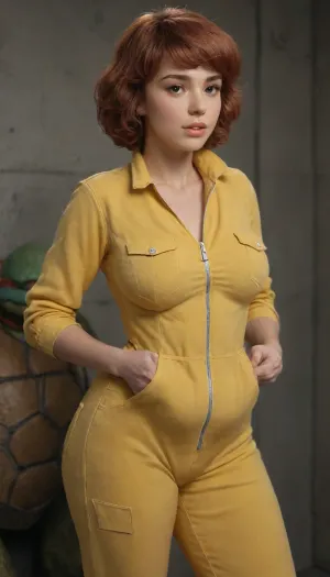 (April O’Neil from TMNT, yellow jumpsuit:2), thick curvy chubby naked body, giant perky breasts with large areolas, hyper wide hips, huge giant perky tits, giant fat ass, aroused pleasure face, in a sewer, ultra realistic, perfect face, perfect rendered face, masterpiece, best quality, detailxl, detailed, eyes, perfect, freckles, skin, texture, photorealistic