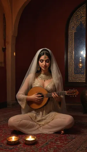 Scheherazade sensual princess from tales from the Arabian Nights, (showing nipples), ((playing oud arabica instrument)), showing pussyy, face veil, 25 year old, undressing gown made of transparent veils, henna tattoo, serenity expression, she is in Baghdad, in Harem in an Arab palace, reading a parchment with arabic calligraphy, on Persian carpets and surrounded by cushions, (moonlight through oriental window, nightly, stars, flying carpet), great serenity, warm light, realistic photography, golden oil lamp, candles, arabian nights ambiance, arabic, calligraphy, dark, skin, <lora:arab_architecture_by_styx:1.5>, <lora:arabic_calligraphy:1.5>, <lora:Darker_skin_SDXL:.8>, <lora:Omani_male:.8>