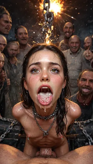 UHD, 8k wallpaper, (maximum quality:1.5), (ultra high resolution:1.7), (masterpiece:1.2), (full body view), award winning photo, (Extreme:1.5), (insanely detailed:1.9), (realism:1), (realistic:1.7), (hdr:1.4), hyper-detailed realistic body, hyper-detailed realistic face, (warm ambient light:.5), (dark shadows:1.4), 100% exact matching 32 years old tiny Sansa Stark from game of thrones, (((18 years old), (1.60 meters), (42 kg), (hogtied in large iron chains:1.7), (ultimate realistic 18 years old tiny Sansa Stark from game of thrones real_body:1.1), (shiny skin:1.7), (skinny:1.5), (ultimate realistic 18 years old tiny Sansa Stark from game of thrones real_face:1.1), (black hair), long straight hair, ruined black makeup, runny makeup, (big brown eyes), eyelashes)), exhausted ecstatic expression, painful, staring into the camera, ((Hyper realistic)), (ultra HD image), 8k, super high quality, super high resolution, extremely detailed, perfect face, perfect eyes, ((in a small van made for analrape:1)), (anal:1.5), (masterpiece:1), hard nipples, hourglass waistline, perfect anatomic body, anal spitroast, gagging on cock, (pulled nipples:1.2), nipple clamps, (cum explosion in mouth:1.85), ((crying alot:1.65)), extremely shy, (5 men jerking off on her:1.12), ((5 old men gangrape:1.12)), (many men filming her with cellphones laughing:1.14), she is extremely beautiful, ((view from the side)), ((brutal sex:1.3)), ((extremely rough pounding:1)), ((forceful)), spitroast, wide eyes, throat bulge, puffy cheeks, (large cock in mouth:1.12), screaming, shocked, tearful, deep anal penetration, Uber realistic, ultra detailed, masterpiece, arched back, detailxl, 35mm photograph, film, professional, 4k, 1 girl, 8 old men, hdr, photographic, ultra realistic, ultra high details, back light, (wide front view from below:1), (dynamic pose), best quality, with large muscular old men, gargantuan old men cocks, anal sex expansion, large hyper muscular old men men, old men group sex gangbang, (old men gangbang sex), swollen white veiny cocks, (double anal penetration), hardcore double penetration, proper physics, big white cocks, muscular white old men gangbang, extremely graphic, high detail, hyperrealistic, 8K, BadX, porn photoshoot, detailed skin, on the roof, steam locomotive, steampunk, fog, steam, blushing, DETAILED background, spectacular lighting, (eyes wide open in horror:1.48), (wide mouth spreader:1.24), (pleading expression:1.48), (terrified:1.12), (crying:1.65), UHD 8K, (full body photograph:1.1), Movie, Still, Film, Cinematic, Shot, (huge dick), (creamy deep deepthroat:1.12), (extreme oral sex:1.4), (huge massive white dick:1.4), (cum), (hands pulling hair hard), Lighting, professional photograph shot on kodak, 35mm photo, sharp focus, high budget, cinemascope, 100 mm lens, 1/250 s, f/2.8, ISO 300, <lora:LCMTurboMix_Euler_A_fix:2>, <lora:detailed_notrigger:2>, <lora:photorealistic_portrait_notrigger:2>, <lora:add-detail-xl:2>, <lora:JuggerCineXL2:2>