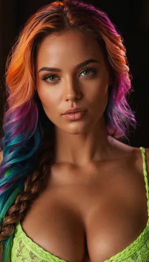 (Masterpiece), hyperrealistic render of a 25 years old woman, (intricate, sexy_influencer:1.25), ((glowing fluorescent color pallet)), (front view, most of body in view), (looking at viewer), the most beautiful woman, perfect tanned_skin, multicolored hair with multicolored_streaks, long hair, beautiful model face, detailed realistic face, puffy lips, detailed eyes, medium perky natural breasts, ((focus on generating perfectly sculpted breasts)), firm tits, cleavage, perfect nipple placement, (nipple symmetry), semi_toned, slender, athletic_curvy, hourglass figure, highly detailed, intricate details, (best, quality), well-proportioned, intricate small partial_hair_braid, (amazing, curves), (photorealistic), natural, beauty, glowing, fluorescent, iridescent, fluxenh4nce, face_refiner, <lora:FLUXEnh4nce:2>, <lora:HyperFlux-000001:.8>