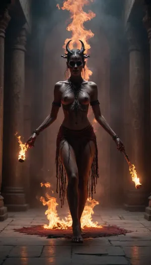 A dark ritual dance in a ruined ancient hall. A female shaman-dancer spins in mid-motion, her flowing crimson garments torn and ritualistic, soaked with ash and smoke. Her skin glistens with sweat and ritual markings, eyes glowing faintly with unnatural light. Around her emerge shadowy demonic entities — horned silhouettes, elongated limbs, clawed hands forming from smoke and fire. Some demons manifest as floating masks with burning eyes, others as skeletal spirits bound by chains of embers.

The environment is oppressive and infernal, cracked stone floors engraved with occult symbols, flickering candles made of black wax, thick smoke crawling along the ground. Dark red and black color palette, heavy shadows, low-key cinematic lighting. Ash falls from above like black snow. The air vibrates with ancient chanting and unseen drums.

The dance feels like a summoning — raw, primal, forbidden. Motion blur emphasizes violent spinning fabric and supernatural energy. Demonic faces emerge briefly from the smoke, watching, whispering. Ultra-realistic textures, high-detail fabric, skin, smoke, fire, and stone. Dark fantasy, occult horror, shamanic ritual atmosphere, cinematic realism, haunting and terrifying mood.
