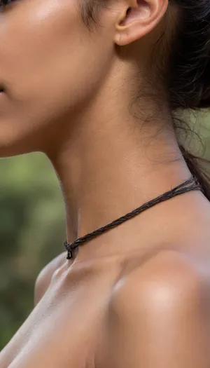 Extreme Close up of nape of her neck, young indian girl facing away her, 28 years old, dark indian skin, hair is braided to sides, hairy cheek, ((slightly skinny)), naked, hair is divided in half and braided to the sides, (delicate hair strands are visible along the nape of her neck:1.8), The lighting is soft and natural, enhancing the details of her skin and hair. The focus is on the intricate details of nape of her neck and hair, creating a highly realistic, shot from back, ((Ultimate realistic photo details)), (((dynamic sexy pose))), (((bright sunlight))), detailxl, (((laser focused image))), ((small hair on skin detailed)), (natural breasts), (zoomed 0.5)