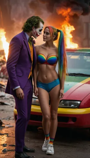 (1boy, ((Joker)), Jokerface, slim body, men's suit), //, 1girl, ((long rainbow colered hairs, high twintails hair)), (rainbow hotpants, tight bandeau top), sporty body, hourglass figure, perky ass, perky medium breasts, erect nipples, incredible legs//, hand in hand, both are crazy, baseball bats, wrecked cars, lots of damage, broken glass, fire, explosion, volumetric lighting, intricate details, perfect lighting, fine details, shot with a Leica M10 Summilux 50mm f/1.4, lifelike colors