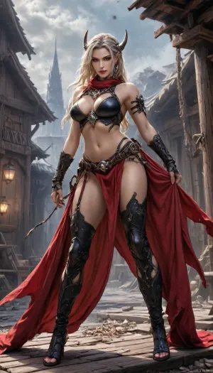 charactor card for TTRPG Guilded frame, Marvel comic Style Cover Art Concept, (world of warcraft art), female belly dancer, wearing red linen bra and loincloth, wearing thigh hight strappy sandals, wearing a red scarf in her long blond hair blowing in the wind, seashell jewelry, in front of a carved wooden chalet style gypsy medieval wagon, in the road of a steampunk town, red lipstick eyeliner makeup, full body framing, (comic book style), standing on a pile of bones and rubble, apocalyptic background, standing at edge of colossal underground abyss, glowing Hash-Nass hive below shaped like a malignant star, scale emphasizing inevitability and threat STYLE LOCK, (Epic dark fantasy illustration, mythic science-fantasy tone, painterly realism, Luis Royo inspired, dramatic lighting, high contrast, rich textures, flowing fabrics, ancient technology disguised as divine artifacts, cinematic composition, ultra-detailed, sharp focus, no modern elements, no text, no watermark), high contrast black and white, only one character, no horns, braided, Art, by, Boris, Vallejo, <lora:Mecha_Ggorgeous_Armor-000011:2>, <lora:Braided_Sides_V1:1.8>, <lora:Fantasy_art_XL_V1:1.4>, <lora:Granblue_Collection_XL_-_Heroes:2>