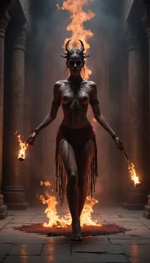 A dark ritual dance in a ruined ancient hall. A female shaman-dancer spins in mid-motion, her flowing crimson garments torn and ritualistic, soaked with ash and smoke. Her skin glistens with sweat and ritual markings, eyes glowing faintly with unnatural light. Around her emerge shadowy demonic entities — horned silhouettes, elongated limbs, clawed hands forming from smoke and fire. Some demons manifest as floating masks with burning eyes, others as skeletal spirits bound by chains of embers.

The environment is oppressive and infernal, cracked stone floors engraved with occult symbols, flickering candles made of black wax, thick smoke crawling along the ground. Dark red and black color palette, heavy shadows, low-key cinematic lighting. Ash falls from above like black snow. The air vibrates with ancient chanting and unseen drums.

The dance feels like a summoning — raw, primal, forbidden. Motion blur emphasizes violent spinning fabric and supernatural energy. Demonic faces emerge briefly from the smoke, watching, whispering. Ultra-realistic textures, high-detail fabric, skin, smoke, fire, and stone. Dark fantasy, occult horror, shamanic ritual atmosphere, cinematic realism, haunting and terrifying mood.