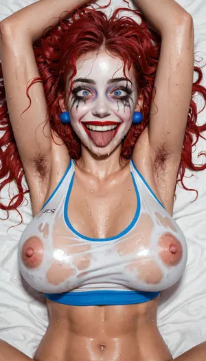 beautiful girl 31 years old clown girl with big breasts, wearing a white sports bra soaked with sweat, laying on her back with spread legs, clown makeup, smudged makeup, runny makeup, messy makeup, skinny, white face paint, drooling, messy hair, extremely messy hair, red head, in heat, crazy horny, breathless, out of breath, tired, exhausted, covered in sweat, extreme sweat, crazy smile, ecstatic, in ecstasy, crazed laughter, drunk, crazy eyes, crazy lady, psycho, super crazy, crazed expression, bright blue eyes, extreme pleasure, pleasure face, extreme ahegao, tongue out, red hair, hard nipples, breasts visible through sports bra, sweating through sports bra, pinning her wrists above her head, wrists pinned above her head, hairy armpits, pit hair, wet, (armpit, hair:1.4), pubic, hair, female, hairy, natural, unshaven, women, puffy, nipples, dark, ghost, wide, <lora:Nipples XL:.7>